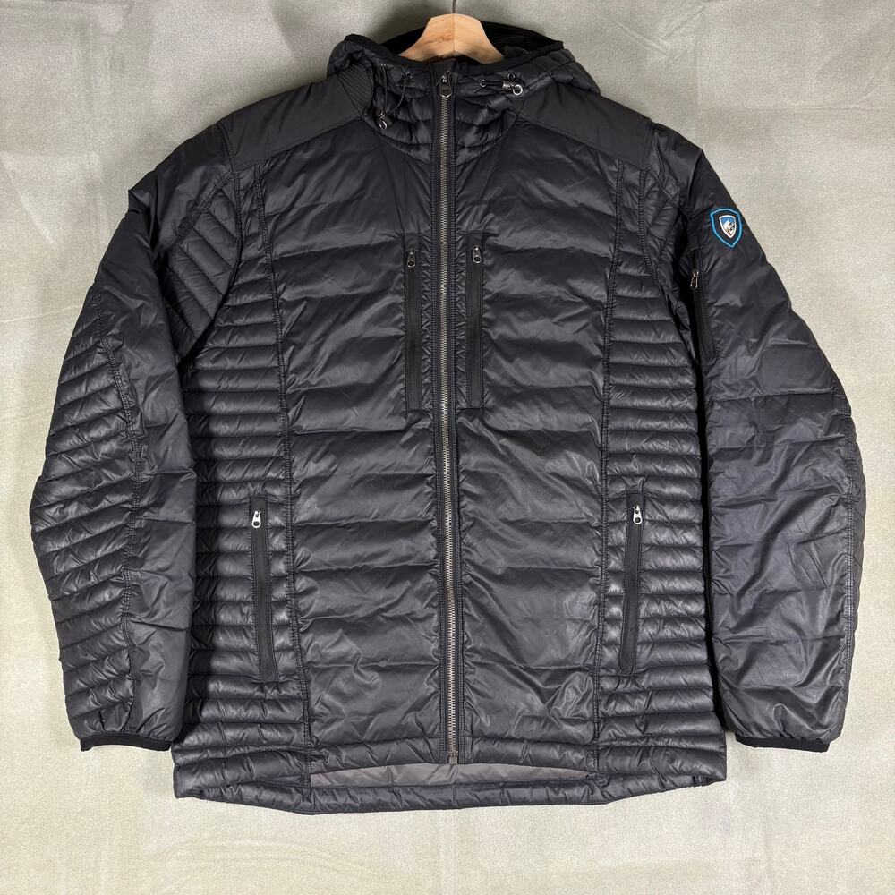 Kuhl Projekt Hooded Puffer Jacket Mens M Black Lightweight Quilted Outdoor